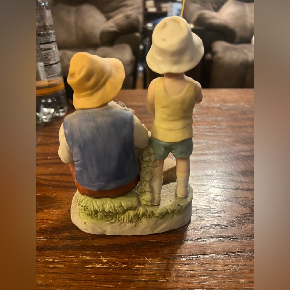 Father and Child Fishing Sculpture in Cream and Blue - Picture 2 of 3